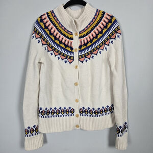 Lands End Canvas Womens Fair Isle Lambswool Cardigan Small Cream Preppy Heritage